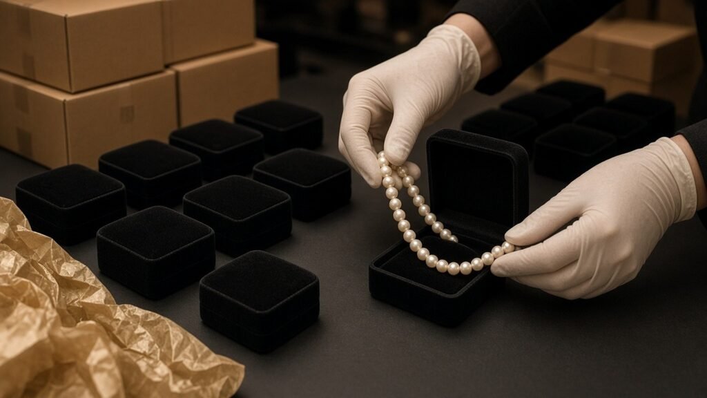 Gloved hands inspecting a pearl necklace over velvet boxes — premium packing / QC trust