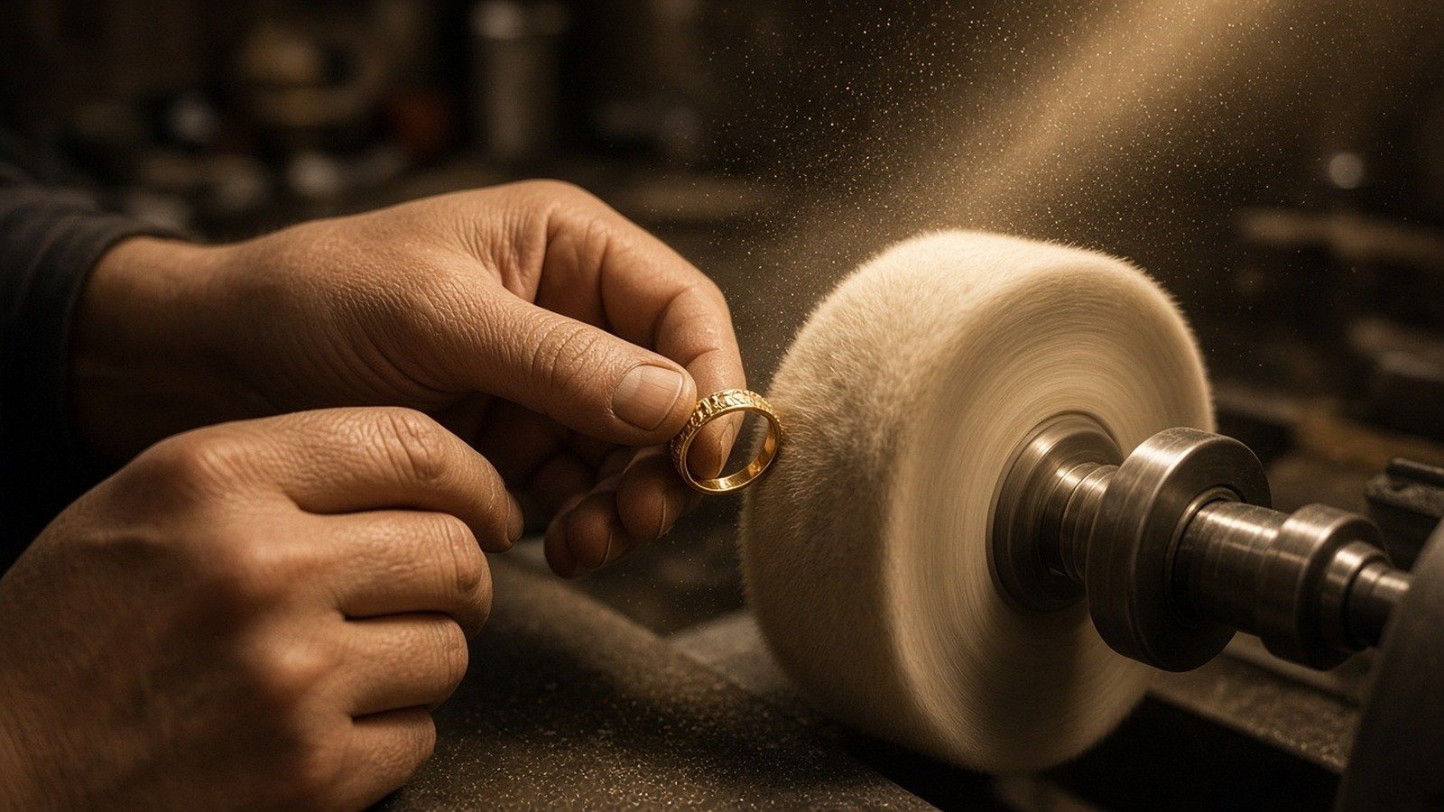 Artisan hands polishing a gold ring on a buffing wheel in workshop light